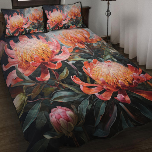 Australia Waratah Quilt Bed Set - Waratah Oil Painting Abstract Ver2 Quilt Bed Set