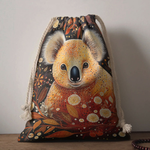 Australia Koala Drawstring Bag - Aboriginal Koala With Golden Wattle Flowers Drawstring Bag