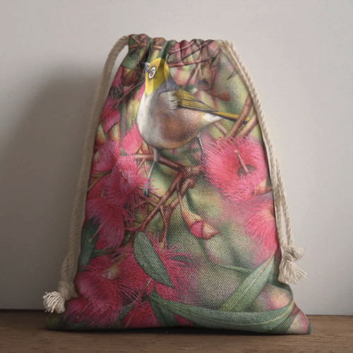 Australia Silvereye Drawstring Bag - Silvereye and Gum Blossom Drawstring Bag