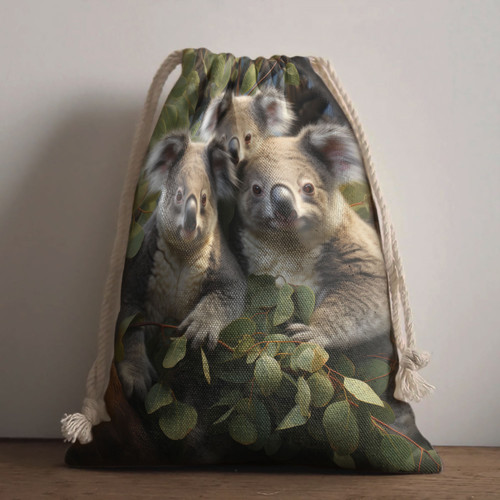 Australia Koala Drawstring Bag - Three Koalas with Gum Trees Ver1 Drawstring Bag