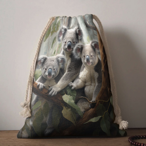 Australia Koala Drawstring Bag - Three Koalas with Gum Trees Ver2 Drawstring Bag Australia Koala Drawstring Bag - Three Koalas with Gum Trees Ver2 Drawstring Bag