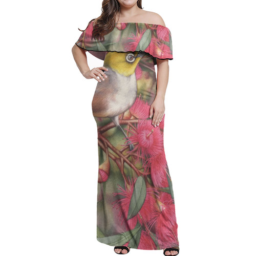 Australia Silvereye Off Shoulder Long Dress - Silvereye and Gum Blossom Off Shoulder Long Dress