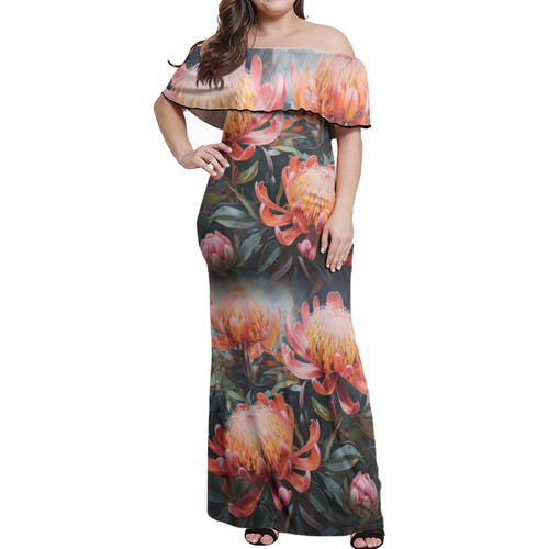 Australia Waratah Off Shoulder Long Dress - Waratah Oil Painting Abstract Ver2 Off Shoulder Long Dress