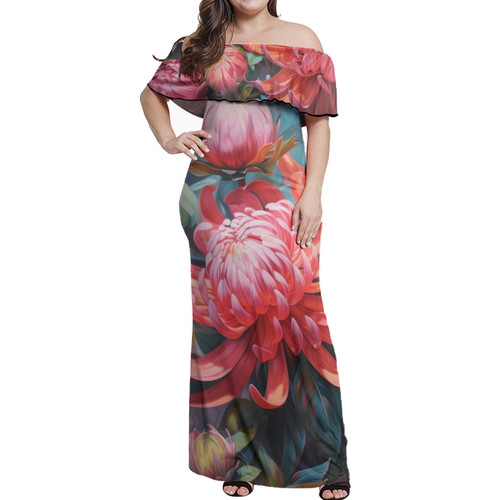 Australia Waratah Off Shoulder Long Dress - Waratah Oil Painting Abstract Ver5 Off Shoulder Long Dress