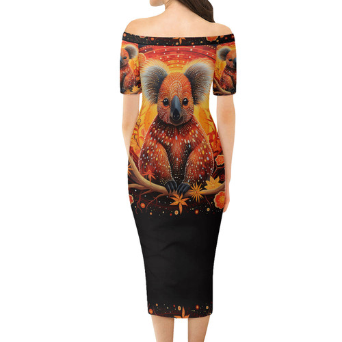 Australia Koala Short Sleeve Off Shoulder Lady Dress - Dreaming Art Koala Aboriginal Inspired Short Sleeve Off Shoulder Lady Dress Australia Koala Short Sleeve Off Shoulder Lady Dress - Dreaming Art Koala Aboriginal Inspired Short Sleeve Off Shoulder Lady Dress