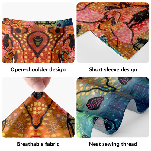 Australia Aboriginal Short Sleeve Off Shoulder Lady Dress - The Dream Time spiritual, colourful aboriginal style acrylic desgin  Short Sleeve Off Shoulder Lady Dress