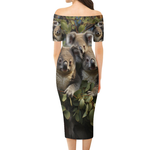 Australia Koala Short Sleeve Off Shoulder Lady Dress - Three Koalas with Gum Trees Ver1 Short Sleeve Off Shoulder Lady Dress Australia Koala Short Sleeve Off Shoulder Lady Dress - Three Koalas with Gum Trees Ver1 Short Sleeve Off Shoulder Lady Dress