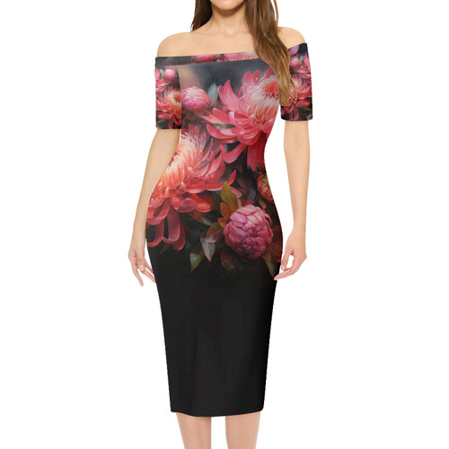 Australia Waratah Short Sleeve Off Shoulder Lady Dress - Waratah Oil Painting Abstract Ver1 Short Sleeve Off Shoulder Lady Dress