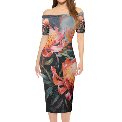 Australia Waratah Short Sleeve Off Shoulder Lady Dress - Waratah Oil Painting Abstract Ver2 Short Sleeve Off Shoulder Lady Dress