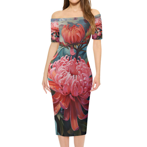 Australia Waratah Short Sleeve Off Shoulder Lady Dress - Waratah Oil Painting Abstract Ver4 Short Sleeve Off Shoulder Lady Dress