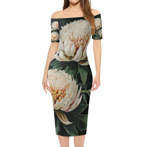 Australia Waratah Short Sleeve Off Shoulder Lady Dress - White Waratah Flowers Fine Art Ver2 Short Sleeve Off Shoulder Lady Dress