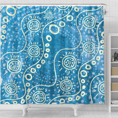 Australia Aboriginal Shower Curtain - River Scene in Aboriginal Dot Art Style Shower Curtain