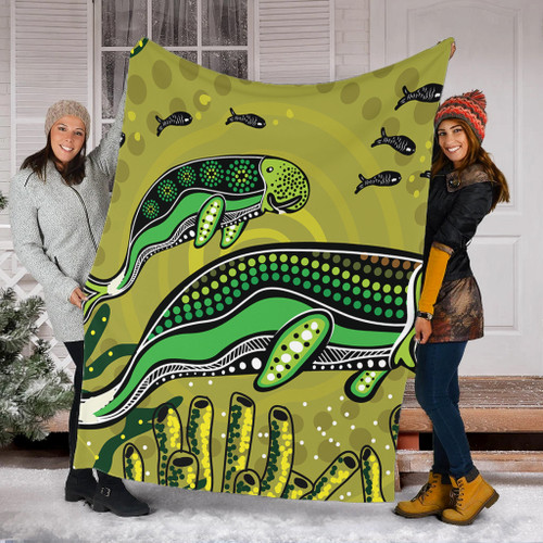 Australia Aboriginal Blanket - Mother And Baby Dugong Aboriginal Art Blanket Australia Aboriginal Blanket - Mother And Baby Dugong Aboriginal Art Blanket