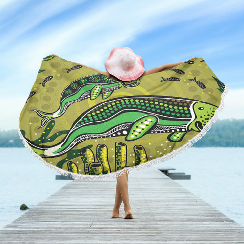 Australia Aboriginal Beach Blanket - Mother And Baby Dugong Aboriginal Art Beach Blanket Australia Aboriginal Beach Blanket - Mother And Baby Dugong Aboriginal Art Beach Blanket