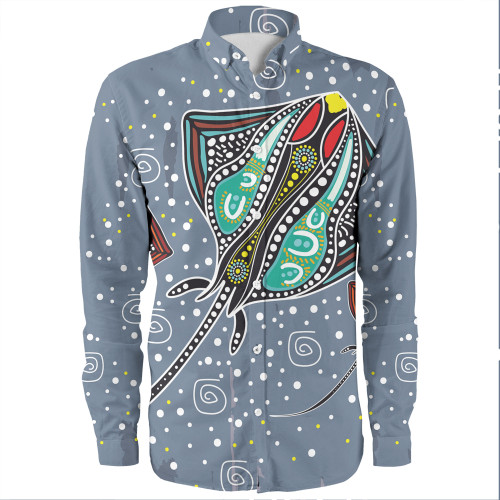 Australia Aboriginal Long Sleeve Shirts - Stingray Art In Aboriginal Dot Style Long Sleeve Shirts