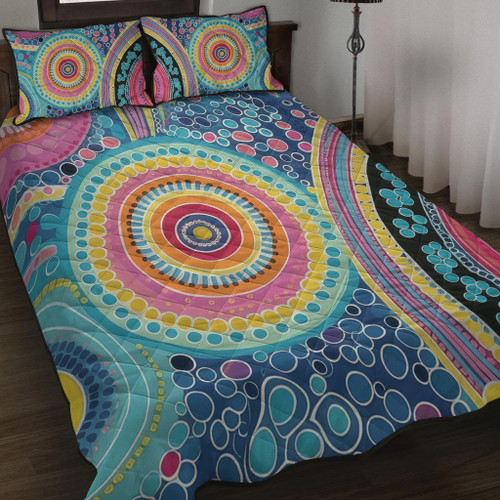 Australia Aboriginal Quilt Bed Set - Dots Pattern And Vivid Pastel Colours Quilt Bed Set Australia Aboriginal Quilt Bed Set - Dots Pattern And Vivid Pastel Colours Quilt Bed Set