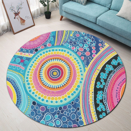 Australia Aboriginal Round Rug - Dots Pattern And Vivid Pastel Colours Round Rug