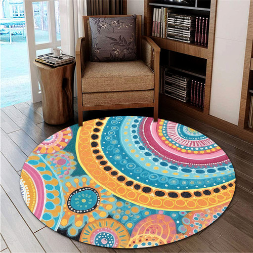 Australia Aboriginal Round Rug - Colorful Pattern And Dots Art Round Rug
