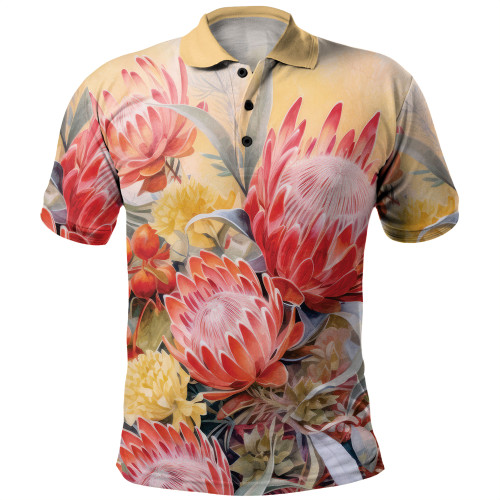 Australia Waratah Polo Shirt - Yellow Orange Waratah Flowers Art Polo Shirt