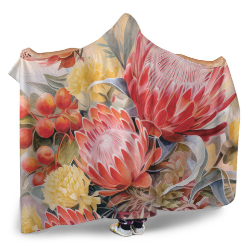 Australia Waratah Hooded Blanket - Yellow Orange Waratah Flowers Art Hooded Blanket Australia Waratah Hooded Blanket - Yellow Orange Waratah Flowers Art Hooded Blanket