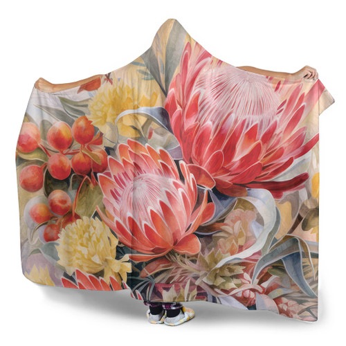 Australia Waratah Hooded Blanket - Yellow Orange Waratah Flowers Art Hooded Blanket Australia Waratah Hooded Blanket - Yellow Orange Waratah Flowers Art Hooded Blanket