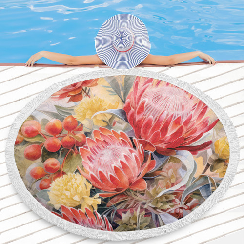 Australia Waratah Beach Blanket - Yellow Orange Waratah Flowers Art Beach Blanket Australia Waratah Beach Blanket - Yellow Orange Waratah Flowers Art Beach Blanket