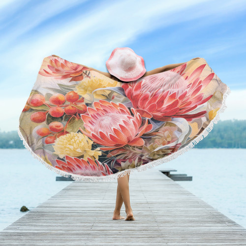 Australia Waratah Beach Blanket - Yellow Orange Waratah Flowers Art Beach Blanket Australia Waratah Beach Blanket - Yellow Orange Waratah Flowers Art Beach Blanket