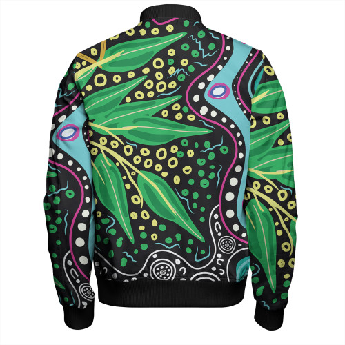 Australia Wattle Leaves Bomber Jacket - Aboriginal Dot Art And Wattle Leaves Bomber Jacket Australia Wattle Leaves Bomber Jacket - Aboriginal Dot Art And Wattle Leaves Bomber Jacket