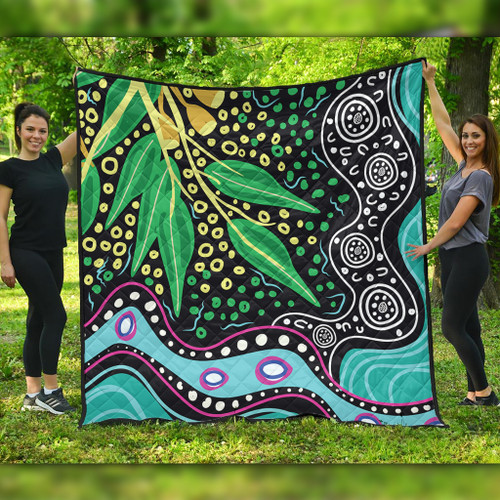 Australia Wattle Leaves Quilt - Aboriginal Dot Art And Wattle Leaves Quilt Australia Wattle Leaves Quilt - Aboriginal Dot Art And Wattle Leaves Quilt
