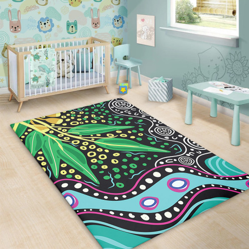 Australia Wattle Leaves Area Rug - Aboriginal Dot Art And Wattle Leaves Area Rug Australia Wattle Leaves Area Rug - Aboriginal Dot Art And Wattle Leaves Area Rug