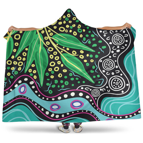 Australia Wattle Leaves Hooded Blanket - Aboriginal Dot Art And Wattle Leaves Hooded Blanket