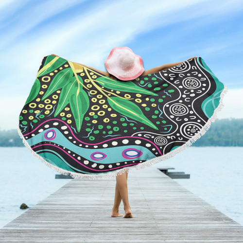 Australia Wattle Leaves Beach Blanket - Aboriginal Dot Art And Wattle Leaves Beach Blanket Australia Wattle Leaves Beach Blanket - Aboriginal Dot Art And Wattle Leaves Beach Blanket