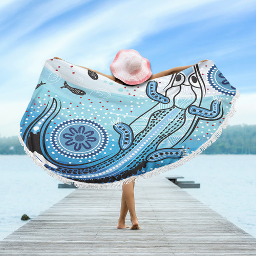Australia Crocodile Beach Blanket - Aboriginal Dot Artwork With Crocodile Beach Blanket Australia Crocodile Beach Blanket - Aboriginal Dot Artwork With Crocodile Beach Blanket