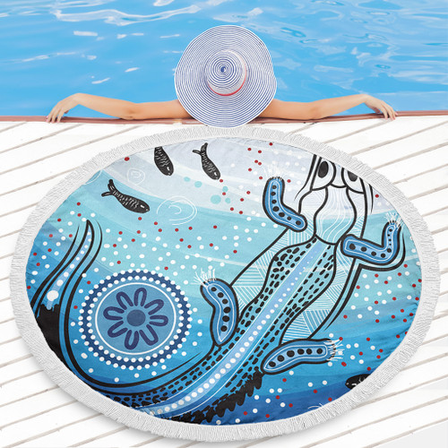 Australia Crocodile Beach Blanket - Aboriginal Dot Artwork With Crocodile Beach Blanket Australia Crocodile Beach Blanket - Aboriginal Dot Artwork With Crocodile Beach Blanket