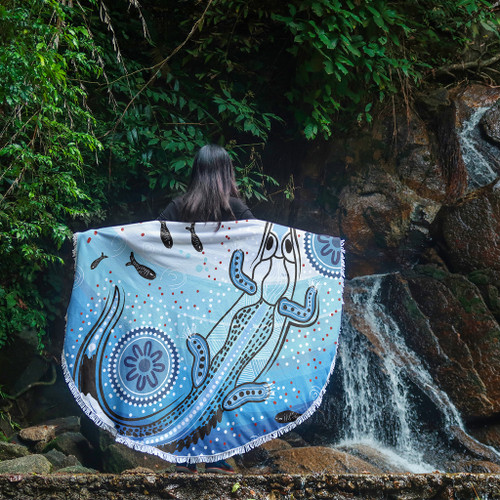 Australia Crocodile Beach Blanket - Aboriginal Dot Artwork With Crocodile Beach Blanket Australia Crocodile Beach Blanket - Aboriginal Dot Artwork With Crocodile Beach Blanket