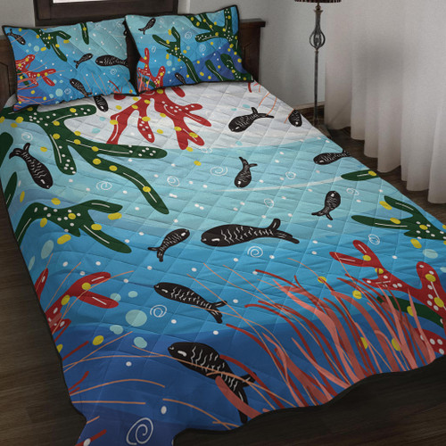 Australia Aboriginal Quilt Bed Set - Underwater Concept Aboriginal Art With Fish Quilt Bed Set Australia Aboriginal Quilt Bed Set - Underwater Concept Aboriginal Art With Fish Quilt Bed Set