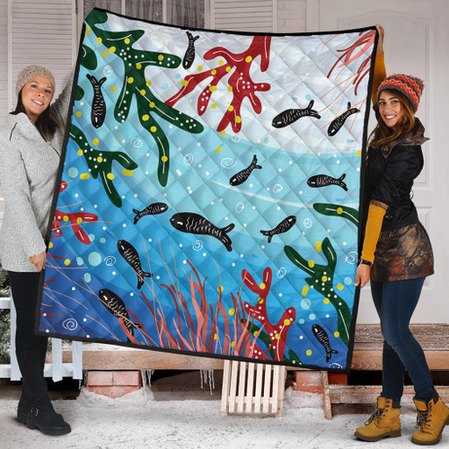 Australia Aboriginal Quilt - Underwater Concept Aboriginal Art With Fish Quilt Australia Aboriginal Quilt - Underwater Concept Aboriginal Art With Fish Quilt
