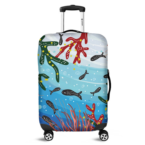 Australia Aboriginal Luggage Cover - Underwater Concept Aboriginal Art With Fish Luggage Cover