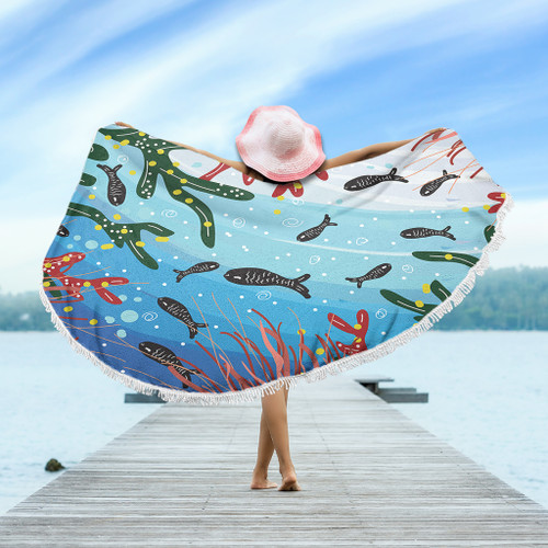 Australia Aboriginal Beach Blanket - Underwater Concept Aboriginal Art With Fish Beach Blanket Australia Aboriginal Beach Blanket - Underwater Concept Aboriginal Art With Fish Beach Blanket