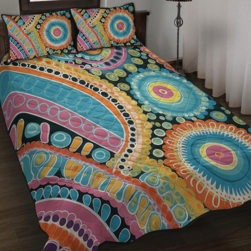 Australia Aboriginal Quilt Bed Set - Australian Indigenous Aboriginal Art Vivid Pastel Colours Ver 1 Quilt Bed Set Australia Aboriginal Quilt Bed Set - Australian Indigenous Aboriginal Art Vivid Pastel Colours Ver 1 Quilt Bed Set