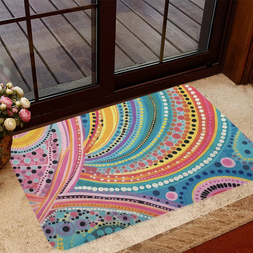 Australia Aboriginal Door Mat - Australian Indigenous Aboriginal Art Vivid Pastel Colours Ver 3 Door Mat