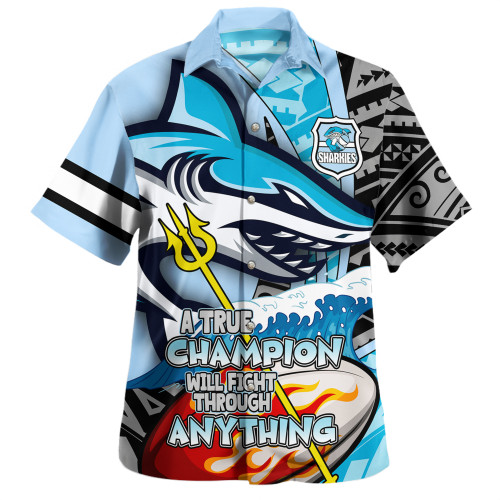 Cronulla-Sutherland Sharks Grand Final Hawaiian Shirt - A True Champion Will Fight Through Anything With Polynesian Patterns