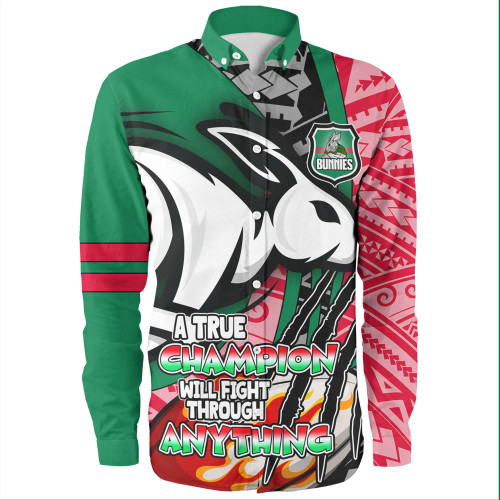 South Sydney Rabbitohs Grand Final Long Sleeve Shirt - A True Champion Will Fight Through Anything With Polynesian Patterns