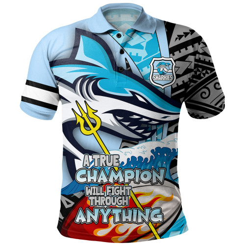 Cronulla-Sutherland Sharks Grand Final Polo Shirt - A True Champion Will Fight Through Anything With Polynesian Patterns