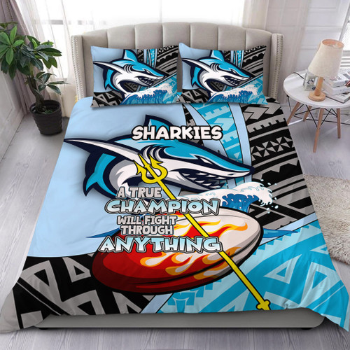 Cronulla-Sutherland Sharks Bedding Set - A True Champion Will Fight Through Anything With Polynesian Patterns