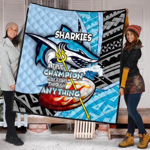 Cronulla-Sutherland Sharks Premium Quilt - A True Champion Will Fight Through Anything With Polynesian Patterns Cronulla-Sutherland Sharks Premium Quilt - A True Champion Will Fight Through Anything With Polynesian Patterns