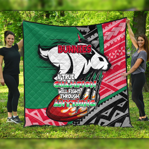 South Sydney Rabbitohs Premium Quilt - A True Champion Will Fight Through Anything With Polynesian Patterns