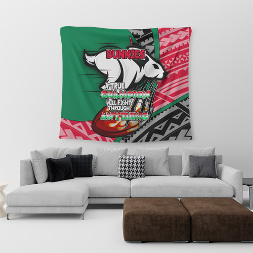 South Sydney Rabbitohs Tapestry - A True Champion Will Fight Through Anything With Polynesian Patterns South Sydney Rabbitohs Tapestry - A True Champion Will Fight Through Anything With Polynesian Patterns