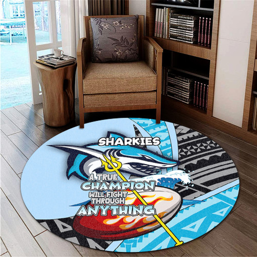 Cronulla-Sutherland Sharks Round Rug - A True Champion Will Fight Through Anything With Polynesian Patterns Cronulla-Sutherland Sharks Round Rug - A True Champion Will Fight Through Anything With Polynesian Patterns