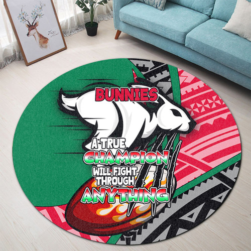 South Sydney Rabbitohs Round Rug - A True Champion Will Fight Through Anything With Polynesian Patterns